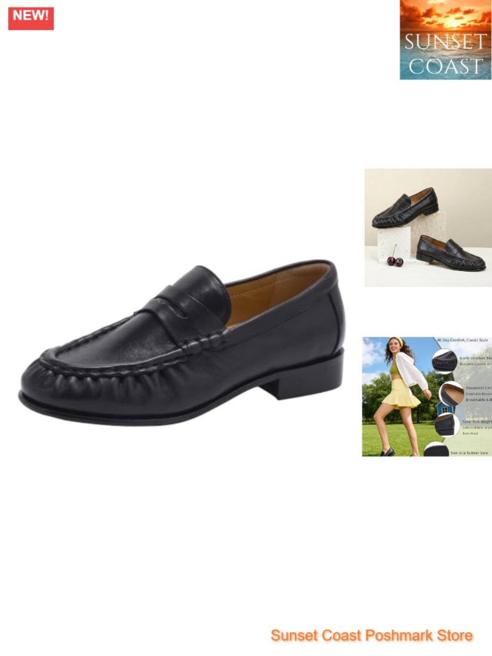 Genuine Leather Penny Loafers Slip On Low Block Heels Women's